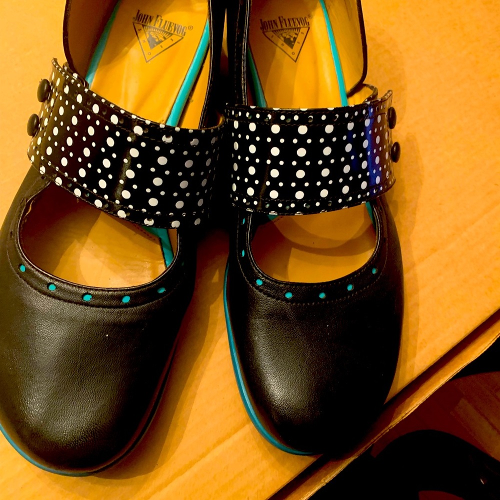 Vintage John Fluevog Mary Jane.  Navy blue with polka dot strap/turquoise trim.